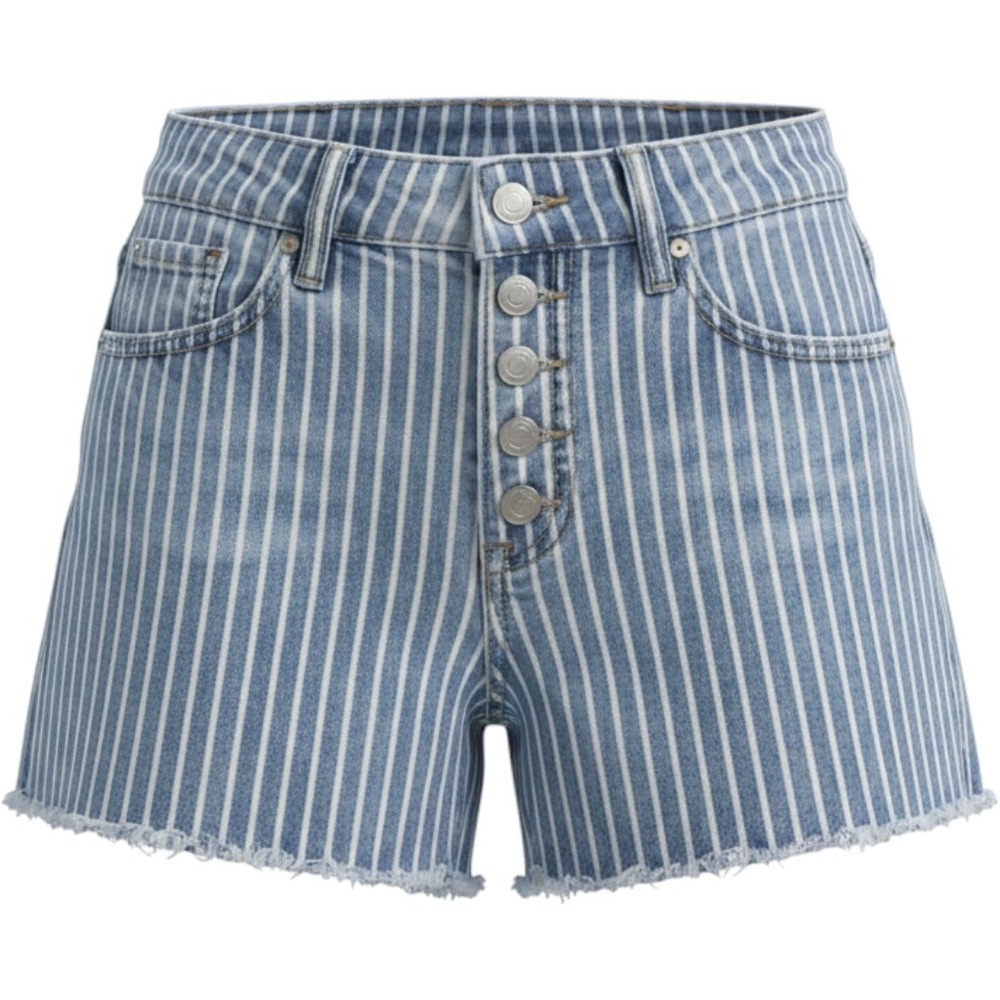 KanCan Signature Striped Denim Shorts Womens 27 Blue High Rise Button Fly Frayed